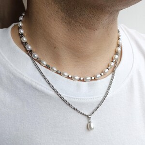 Mens pearl necklace set,Real pearl chain y2k choker,Mens chain necklace,Gemstone beaded necklace,Pearl chain jewelry necklace set men