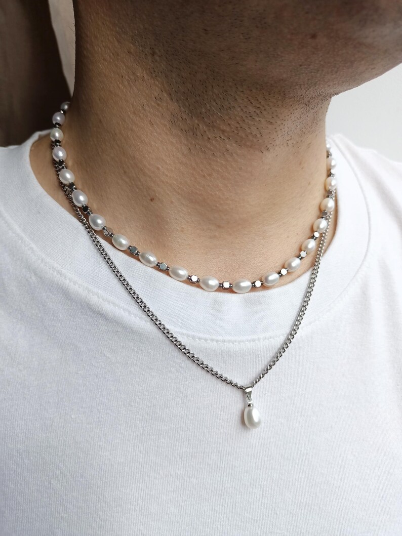 Mens pearl necklace set,Real pearl chain y2k choker,Mens chain necklace,Gemstone beaded necklace,Pearl chain jewelry necklace set men