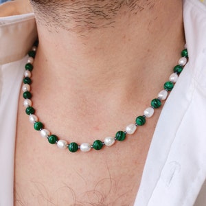 Mens real pearl necklace, Malachite beaded crystal choker, Surfers y2k necklace, Boyfriend gift ideas, Mens green malachite y2k necklace