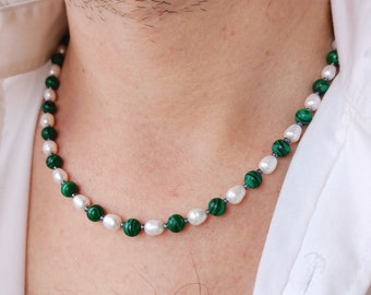 Mens real pearl necklace, Malachite beaded crystal choker, Surfers y2k necklace, Boyfriend gift ideas, Mens green malachite y2k necklace