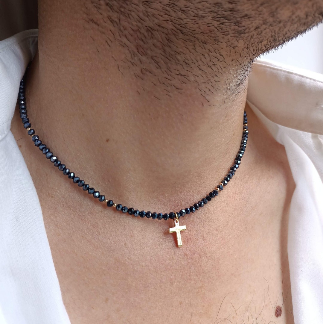 Mens Gold Cross Necklace,crystal Seed Beaded Y2k Choker,surfer Necklace