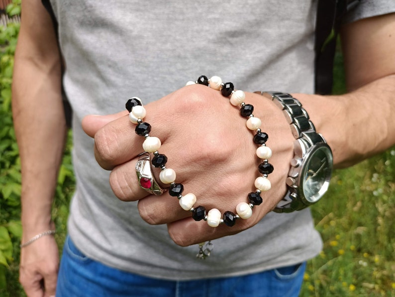 Mens Pearl Necklace Real Pearl Choker Crystal Beaded Y2k Etsy