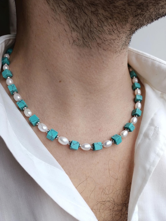 Mens Pearl Necklace,blue Beaded Y2k Choker (turquoise Imitation