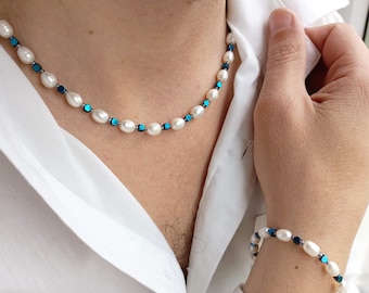 Mens pearl necklace & bracelet jewelry set,Bold blue beaded hematite bracelet,Y2k pearl choker,Minimalist real pearl necklace set men