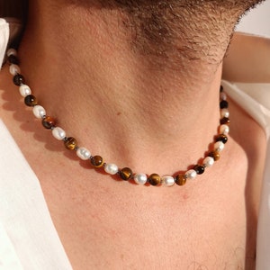 Mens pearl necklace, Tigers eye beaded y2k crystal choker, Surfer necklace, Boyfriend gift ideas, Real pearl y2k necklace men