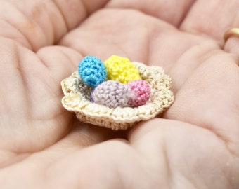 Very Tiny Variegated Cream Ruffled Easter Basket With 5 Easter Eggs Crocheted Amigurumi