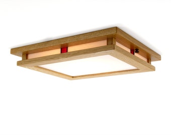 Mission Style Recessed Light Trim, White Oak with Red Art Glass Accents, for 6" Recessed Light Housing