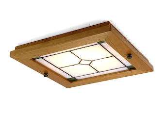 Small Craftsman Recessed Light Trim, Cherry with Green Accent Mission Style Stained Glass, for 6" Recessed Light housing