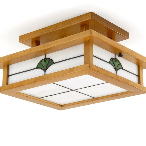 Craftsman Semi Flush LED Ceiling Light, Black Cherry with Ginkgo Stained Glass, Arts and Crafts Style, (junction box mount)