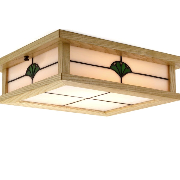 Craftsman Flush LED Ceiling Light, White Ash with Ginkgo Stained Glass, Arts and Crafts Style, (Junction Box Mount)