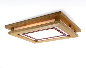 Mission Style Recessed Light Trim, White Oak with Craftsman Red Art Glass Border, for 6" Recessed Light Housings