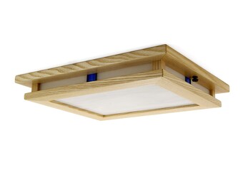 Mission Style Recessed Light Trim, White Ash with Craftsman Blue Art Glass Accents,  for 6" Recessed Light housing