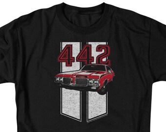 Oldsmobile Distressed 442 Red Classic Car Black Shirts