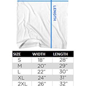 Op de afbeelding: Een tabel met de maten van T-shirts met korte mouwen voor volwassenen in inches. De tabel toont de breedte en lengte van T-shirts in de maten S tot en met 6XL. Tolerantie van +/- 1/2 inch op alle metingen. American Classics.