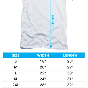 May include: A chart showing adult short-sleeve t-shirt sizing with measurements in inches. The chart lists sizes from S to 7XL with corresponding width and length measurements.