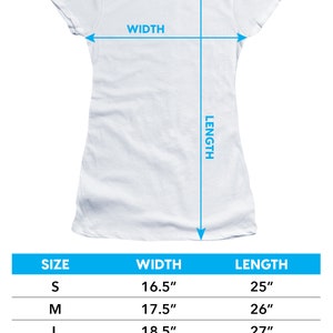 May include: A size chart for junior's cap-sleeve t-shirts. The chart shows the width and length measurements in inches for sizes S, M, L, XL, and 2XL.  Allow +/- 1/2 inch tolerance on all measurements.
