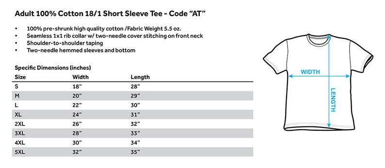 Pu&ograve; includere: Tabella delle taglie per una t-shirt a maniche corte realizzata in 100% cotone. La tabella mostra la larghezza e la lunghezza in pollici per le taglie dalla S alla 5XL. La t-shirt &egrave; descritta come "100% cotone pre-restringente di alta qualit&agrave;/Peso del tessuto 5,5 oz."
