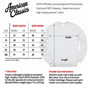 Op de afbeelding: Maattabel voor een unisex sweatshirt met afmetingen in inches en centimeters. De tabel toont de lichaamslengte en -breedte voor de maten S, M, L, XL en 2XL. Het sweatshirt is gemaakt van een mix van katoen en polyester en heeft een fleecegewicht van 9 ounce (305 gram).