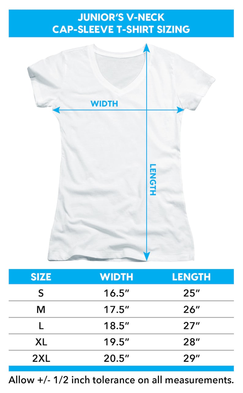 May include: A size chart for junior's v-neck cap-sleeve t-shirts. The chart shows the width and length measurements in inches for sizes S, M, L, XL, and 2XL.