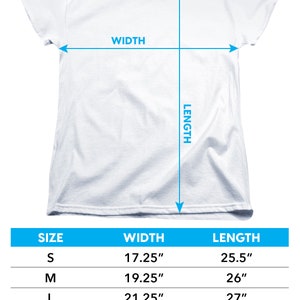 May include: A chart showing women's short-sleeve t-shirt sizing with measurements in inches. The chart shows the size, width, and length of the t-shirt in inches.  The chart includes sizes S, M, L, XL, and 2XL.