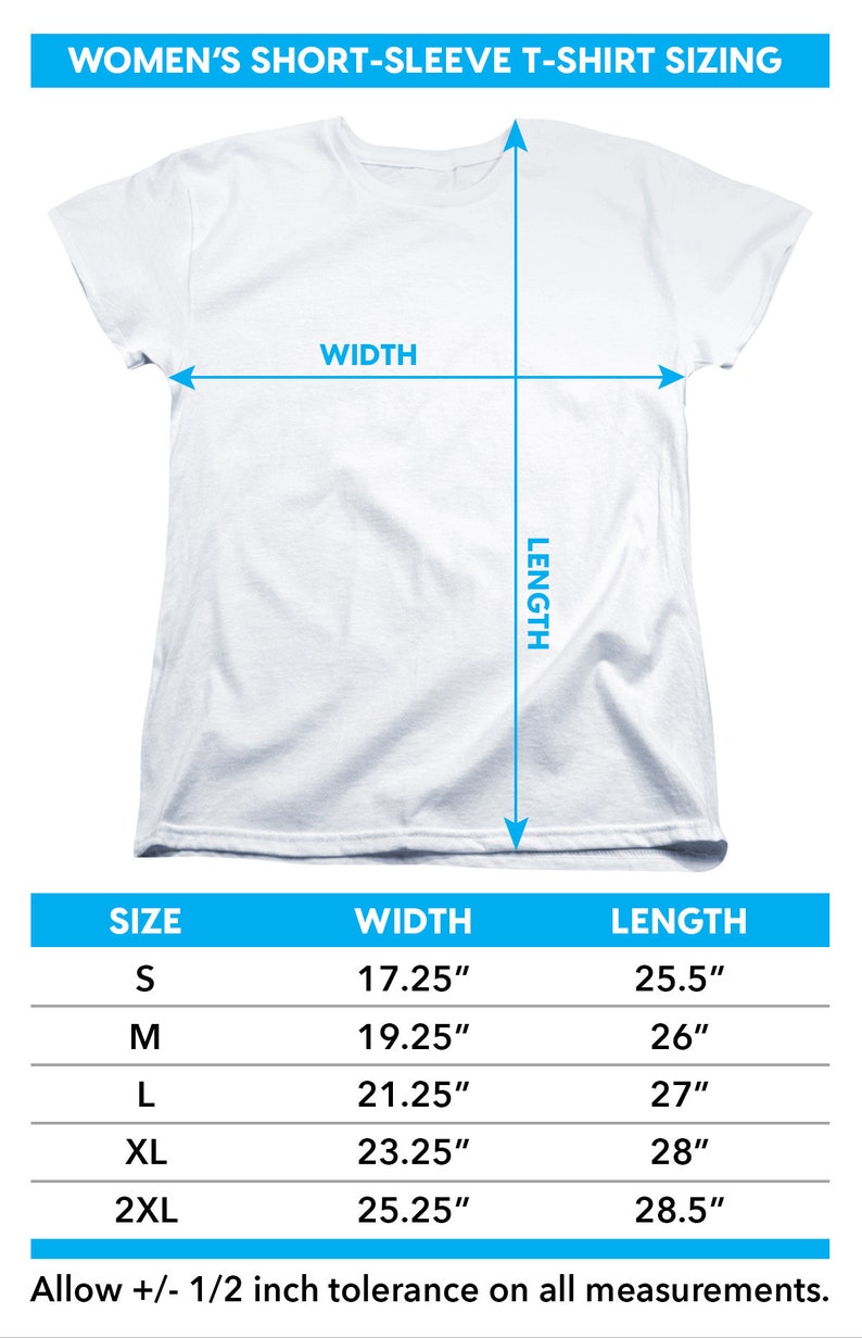May include: A chart showing women's short-sleeve t-shirt sizing with measurements in inches. The chart shows the size, width, and length of the t-shirt in inches.  The chart includes sizes S, M, L, XL, and 2XL.