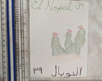 Peut inclure: Une illustration dessinée à la main d'un cactus de figuier de Barbarie avec trois fleurs roses. Le dessin est sur du papier blanc avec les mots "El Nopal 39" écrits en encre verte en haut et "El Nopal 39" écrits en encre brune en bas.