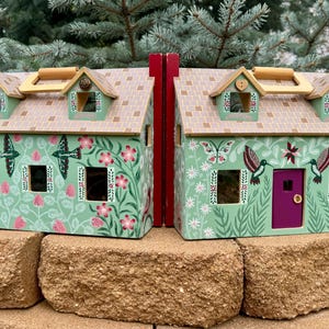 Wooden Dollhouse with Wooden Toys, Whimsical Hand Painted On All Sides, Modern Folk Art
