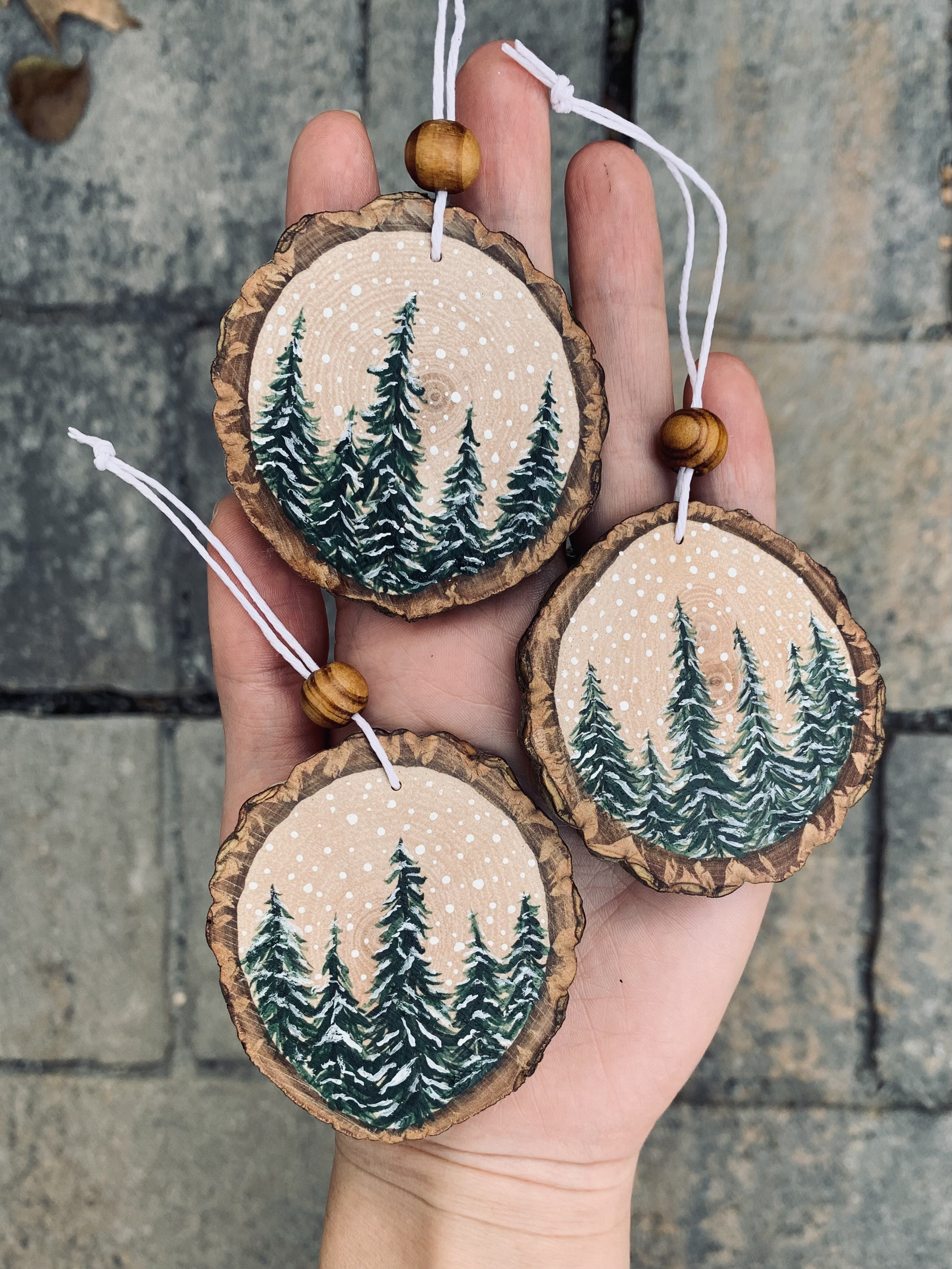 Wood Slice Ornament, Winter Trees 