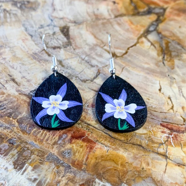 Hand Painted Columbine Earrings, Colorado State Flower, Lightweight Wooden Earrings, Sterling Silver Plated Hooks for Sensitive Ears