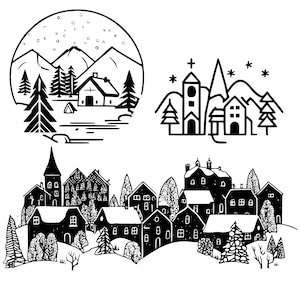 Christmas Scene, Christmas Village Snow, minimalist, vector, line Art (SVG, PNG, PDF)