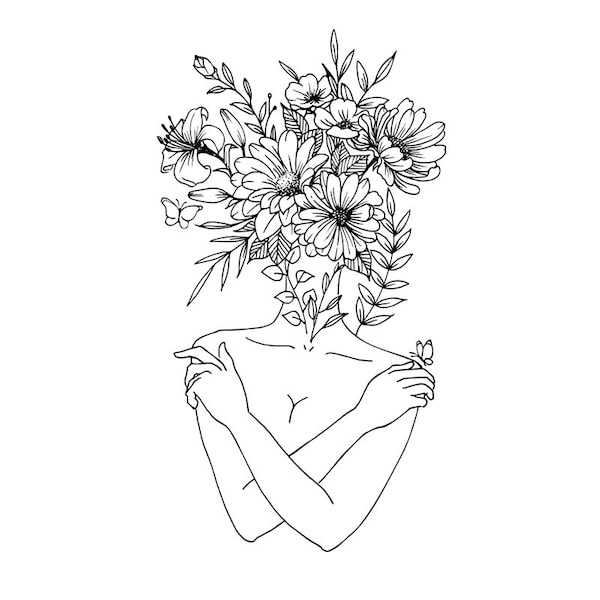 Women Flower, Floral Frau  Line Svg, floral Körper Svg (SVG, PNG, PDF), Blumen Frau Clipart Tattoo