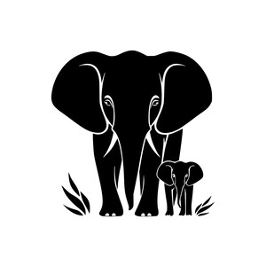 May include: Black silhouette of a mother elephant and her baby elephant standing side by side.