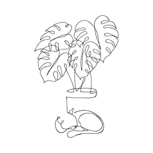 Monstera Leaf, Sleeping Cat Line Drawing, Palmenblätter Cat one line, One Line Art (SVG, PNG, PDF), Tattoo