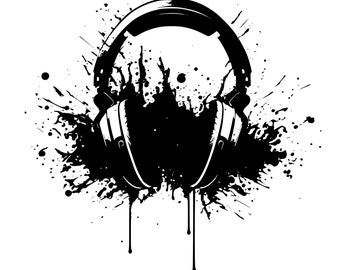 Op de afbeelding: Zwart-witte illustratie van een koptelefoon met een splatter-effect. De koptelefoon bevindt zich in het midden van de afbeelding en is omgeven door zwarte splatter-vlekken.