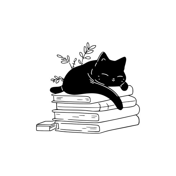 black Cat sleeping on the Books svg, süße Katze geschnitten Datei, Kitty, Meow, Cat, Katze Kitten, cat book svg