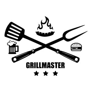 May include: Black and white illustration of grilling tools, including a spatula, a fork, a sausage, a burger, a beer mug, and flames. The text "Grillmaster" is below the tools, with three stars underneath.