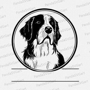 Puede incluir: Ilustración en blanco y negro de la cabeza de un perro dentro de un círculo. El perro tiene orejas caídas y un hocico largo.
