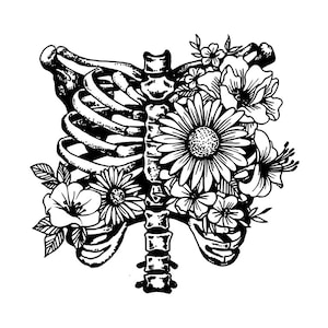 May include: Black and white illustration of a human rib cage with flowers. The rib cage is on the left side of the image, and the right side is filled with various flowers, including daisies and lilies.