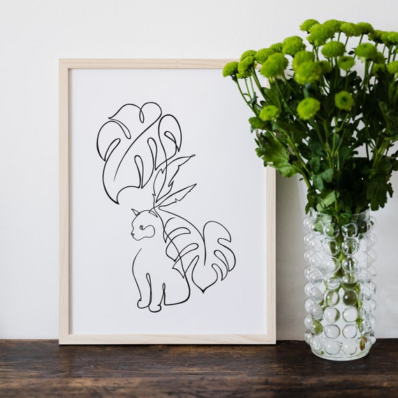 Monstera Blatt, geschnittene Katze Zeichnung, Palmenbltter Katze eine  Linie, One Line Art (SVG, PNG, PDF), Tattoo