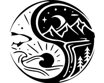 Mar, Montaña, Yin Yang, Estrella, Estrella, Día y Noche, Arte lineal (SVG, PNG, PDF)