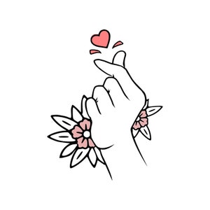 May include: A hand gesture forming a heart shape with two pink flowers on either side. A pink heart is above the hand.