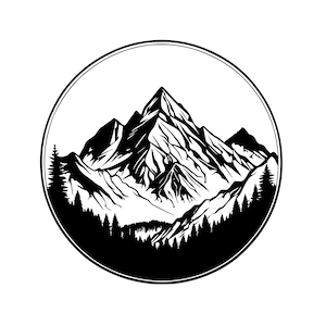 Puede incluir: Ilustración en blanco y negro de una cordillera con un bosque en primer plano, todo dentro de un círculo.