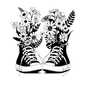 Puede incluir: Ilustración en blanco y negro de un par de zapatillas de deporte de caña alta con un ramo de margaritas que crece en la parte superior.