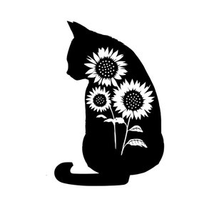 Black cat sunflower svg, Meow, Cat, Cat Outline svg, Shirt, Mug Design, Digital download   (SVG, PNG, PDF)