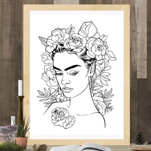 May include: Black and white line drawing of a woman with a floral crown and a rose on her chest. The woman has a serious expression and her hair is pulled back.