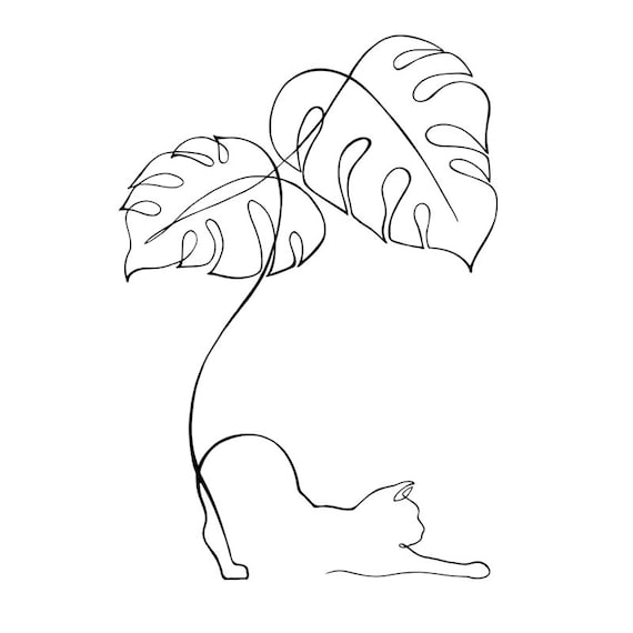 Monstera Leaf Cat, Palmenbltter Cat one Line, One Line Art (SVG, PNG,  PDF), Tattoo