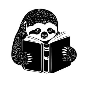 May include: A black and white illustration of a sloth reading a book. The sloth is drawn in a cartoon style with a simple, rounded face and large, expressive eyes. The book is open and the sloth is holding it with its paws.