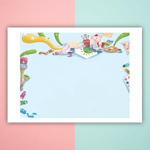 May include: A blue background with a variety of art supplies, including paintbrushes, paint tubes, a paint palette, and a drawing pad. A small pig wearing a red shirt is painting on the drawing pad.