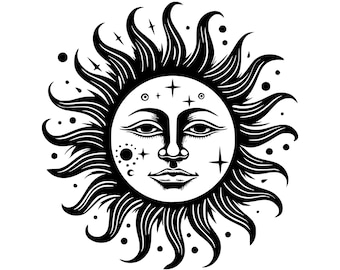 Celestial sun svg, Vintage Sun svg, sun svg, Universe, Sun face svg Cricut, Silhouette Cut Files T-Shirt-Mug-Badge-Sticker, SVG PNG PDF
