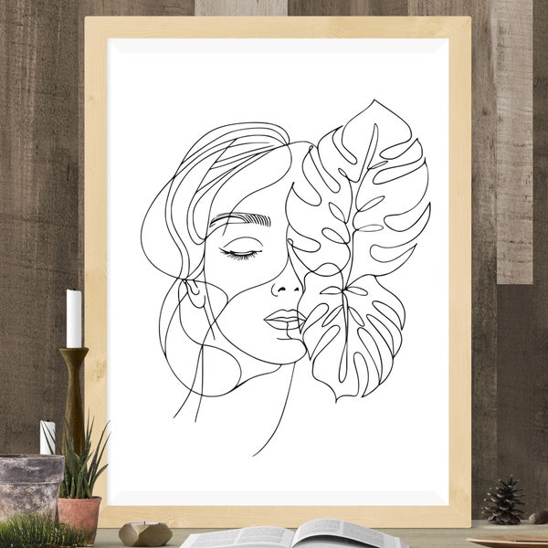Minimalist Women Face Line Art, Floral Women Monstera Line Svg, Floral Leaf Monstera Svg (SVG, PNG, PDF), Monstera Line Vector Illustration